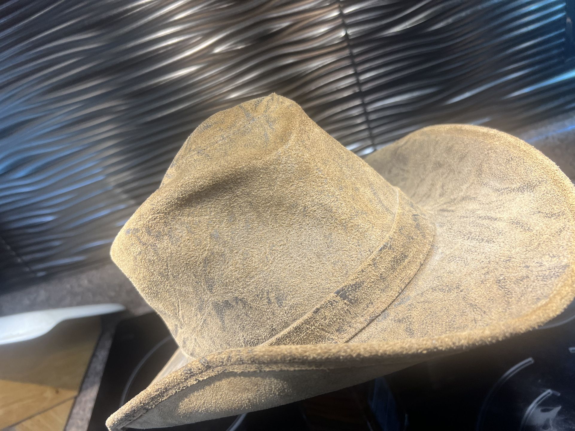 leather hat, distressed leather, look closely at the unique point, NEW, shapeable, will fit 7 to 7 1/2 $79 