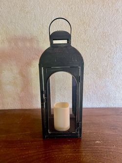 Bronze 18” tall Metal Candle Lantern with Battery Operated Pillar Candle