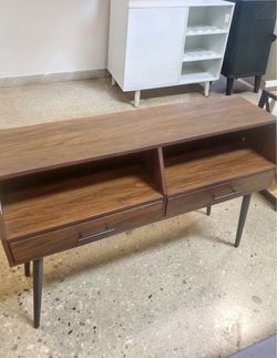 New Mid-Century Modern 2-Drawer Entry Table Dark Walnut