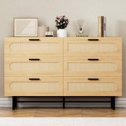 Rattan Dresser For Bedroom With 6 Drawer, Design Dressers & Chests Of Drawers With Black Handles, Modern Storage Drawers For Nursery, Bedroom, Hallway