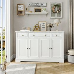 Buffet Cabinet with Drawers, 53.5”W Sideboard Storage Cabinet with Adjustable Shelf for Kitchen Dining Room, White
