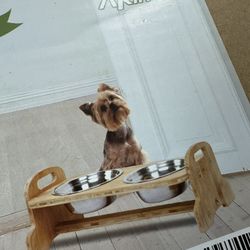 Elevated Dog Bowls, Adjustable Raised Dog Bowls Stand for Small Size Dogs and Cats, Durable Bamboo Dog Feeder with 2 Stainless Steel Bowls