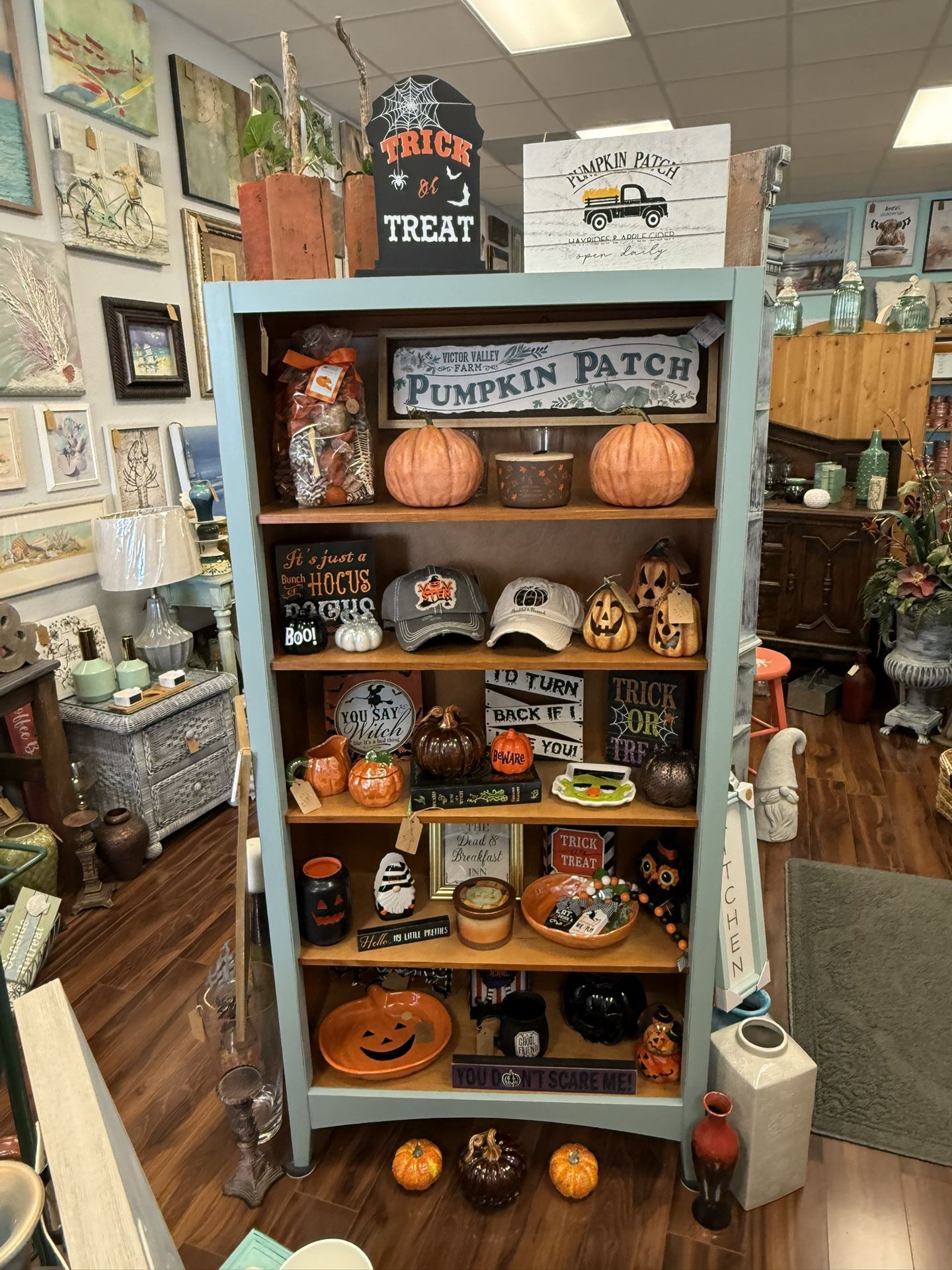 Beautiful Persian Blue & Wood Bookshelf – 5 Shelves / Display Shelf Coastal Beachy Shabby Chic