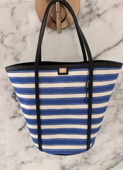 Dolce & Gabbana Blue White Stripe Canvas Tote Bag Black Leather NWT $1075