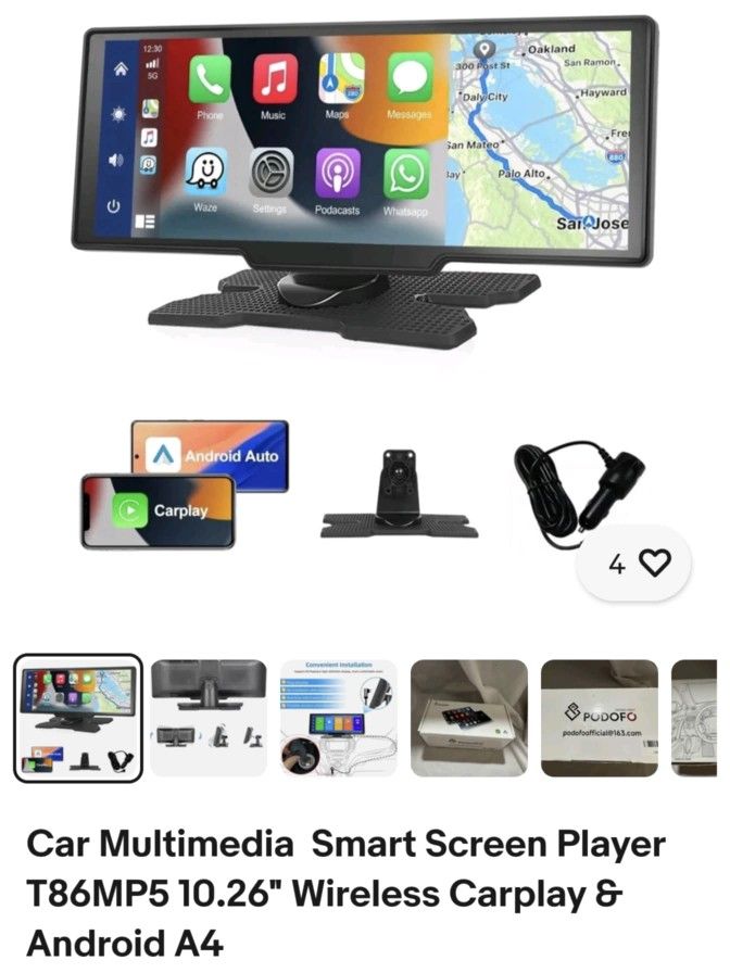 ✅️ Car Multimedia Smart Screen Player T86MP5 10.26 "Wireless Carplay &Android A4- $40