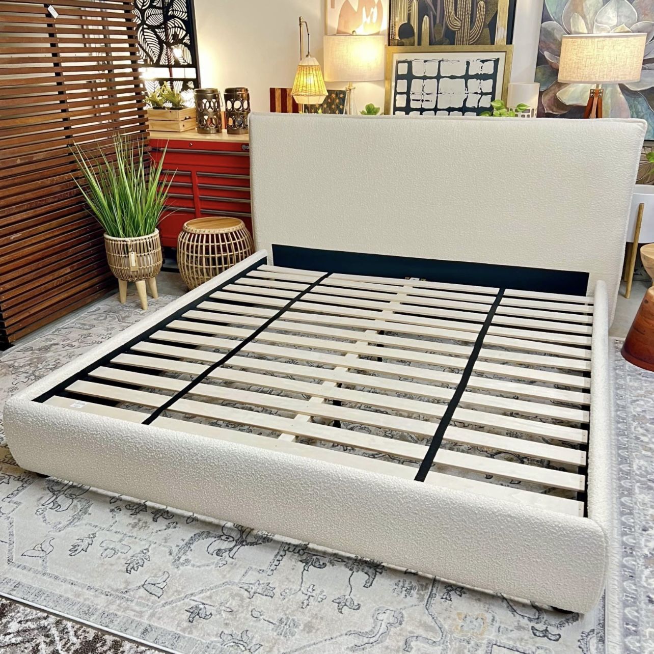 Free Delivery NEW OPEN-BOX West Elm by Moe’s, Bouclé Creamy White King Bedframe (MSRP $2,099+tax)