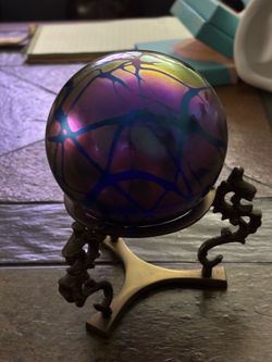 Anton Intaglio Iridescent Glass Sphere With Seahorse Brass Base