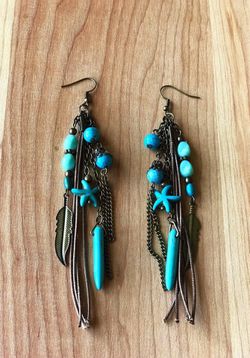 Drop Dangling Earrings, Tribal Earrings, Long Fringes Earring, Boho Turquoise Earring, Gypsy Earrings, Tribal Jewelry, Women's Earrings