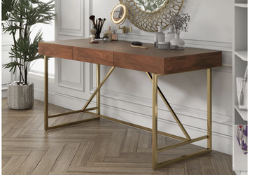 Desk - Modern 3-Drawer Wood Desk w/ Gold Metal Legs – Good Condition
