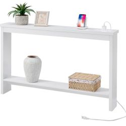 Narrow Sofa Table Outlet USB Port Behind Couch Skinny Console Charging Station Thin Long Slim Entryway Living Dining Room Hallway Entry Hall Bed WHITE