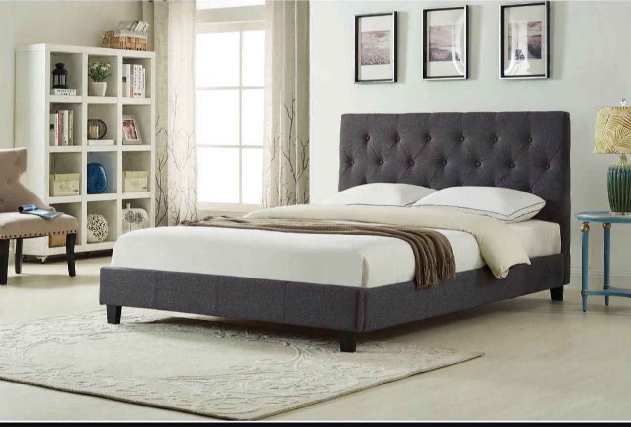 Brand New In Box Full Size Dark Grey Linen Upholstered Bed With Mattress. Assembly Required We Can Deliver Cama Con Colchon.