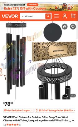 VEVOR Wind Chimes for Outside, 58 in, Deep Tone Wind Chimes with 6 Tubes, Unique Large Memorial Wind Chimes for Anniversary, Amazing Outdoor Decor for