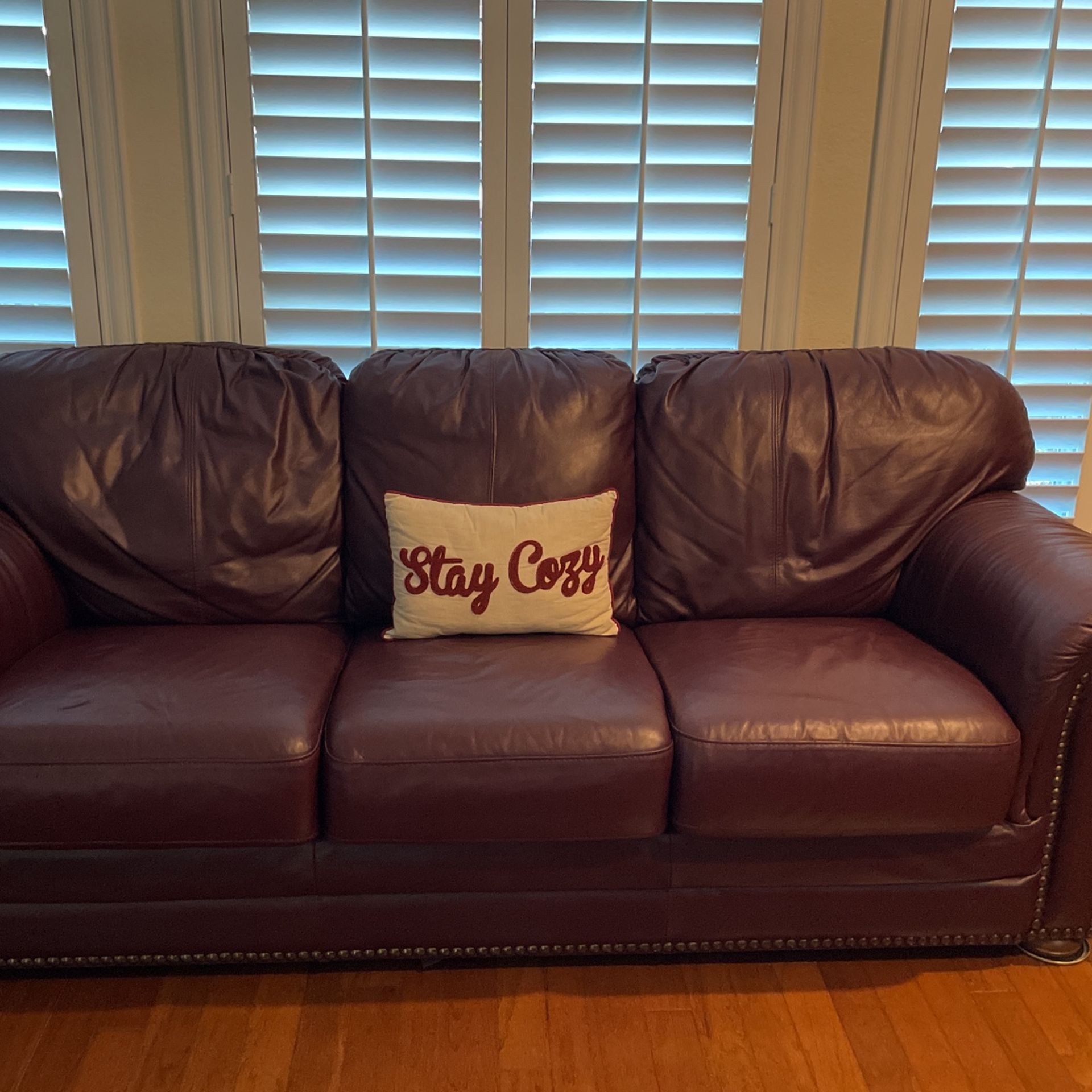 Burgundy Leather Sofa With Nail Head Trim