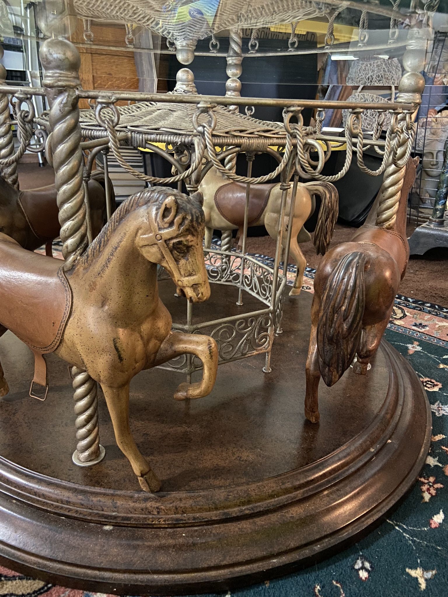 Carousel Horse Glass Top Coffee table w/beveled glass top. 44” round glass top very heavy glass top