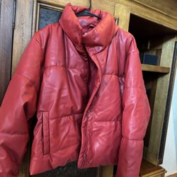 Red Leather Puffer Jacker