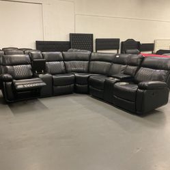 New Black Leather Reclining Sectional Sofa Couch