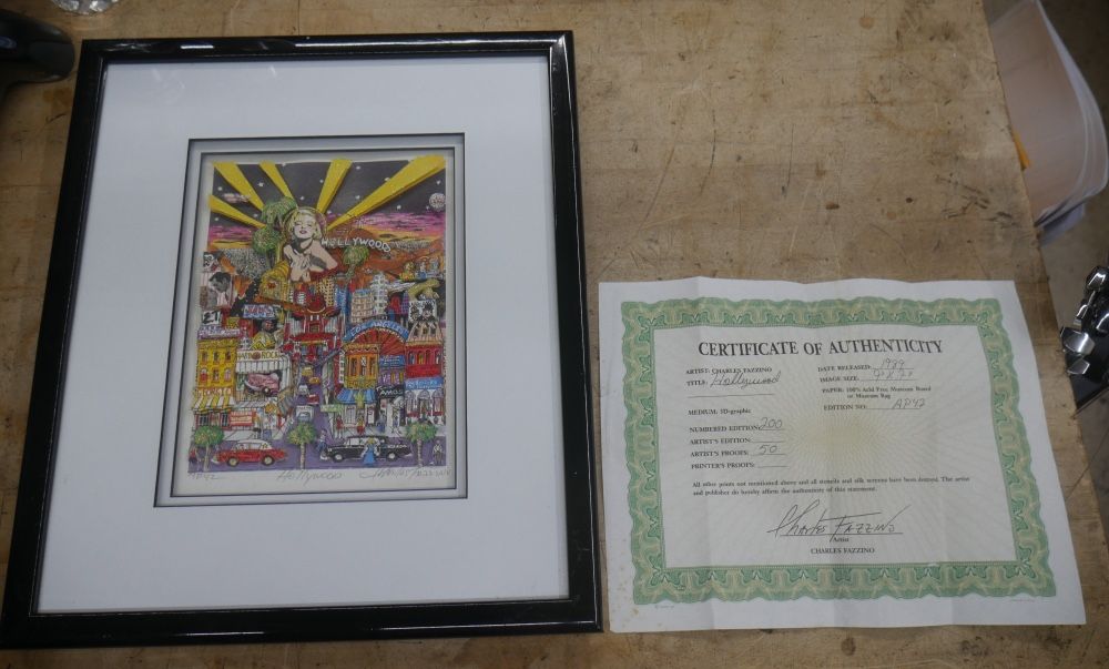 HOLLYWOOD CHARLEZ FAZZINO 9X7 3D GRAPHIC 50/200 AP42 MUSEUM RAG W COA.