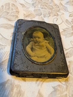 Antique Metal Folding Comb Case with Baby Portrait