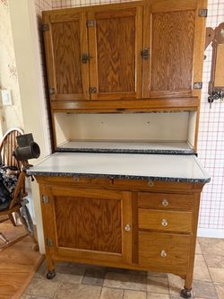 Antique Oak Hoosier Cabinet with Enamel Worktop
