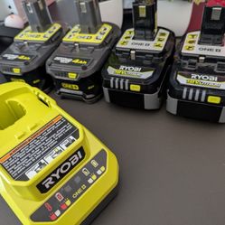 (4) Ryobi 18V  4Ah Batteries W/Charger