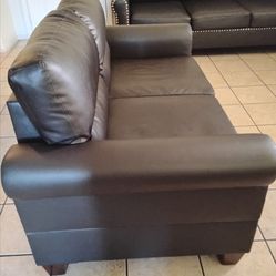 Dark  Brown Faux Leather Sofa and Loveseat Set with Studs