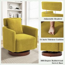 Swivel Accent Chair,Armchair Barrel Chair with Adjustable Headrest Swivel Chair for Living Room Bedroom,with 360° Rotation and Thick Cushion,Mustard Y