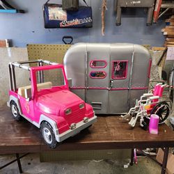 18" (American girl) Doll Camper, Jeep And Accessories
