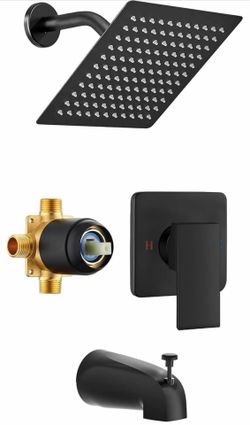 Shower Faucet Set With Tub Spout, 8 Inch Square Wall Mounted Rainfall Shower Head With Rough-In Valve Body, Bathroom Shower Trim Kit Single Function R