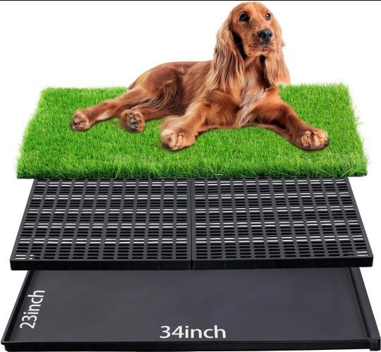 Dog Artificial Grass Peet Pad Mat, Indoor/Outdoor Portable Potty Pet Loo with Tray, Reusable and Washable, Professional Pet Training Tray （ 34"x23"）
