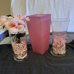 Glass Vases 2 Clear & 1 Pink 