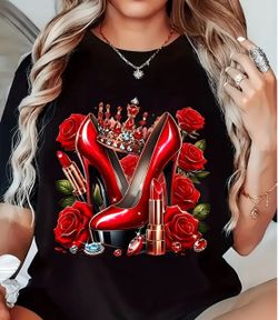 Black Graphic Tee Red Heels Crown Roses Print