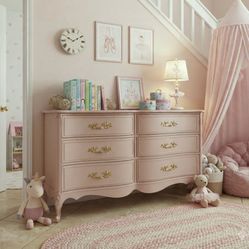 Pink French Provincial 6-Drawer Dresser, Chest Of Drawers, TV stand, Buffet, sideboard