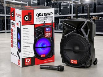 Quantum Audio QDJ15WP 15" Portable Trolley Speaker 3000W Bluetooth PA DJ Sound System TWS Wireless Microphone Rechargeable Battery RGB Disco Light Tai
