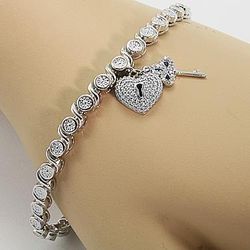 Beautiful 14Kt White Gold Over Sterling Silver Lock And Key Tennis Bracelet 