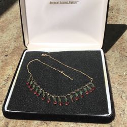  Necklace 14K Red Rubies Emeralds Sapphires  