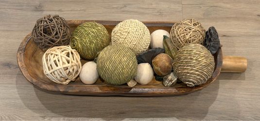24” Decorative Wooden Tray with Woven Rattan Balls & Natural Décor