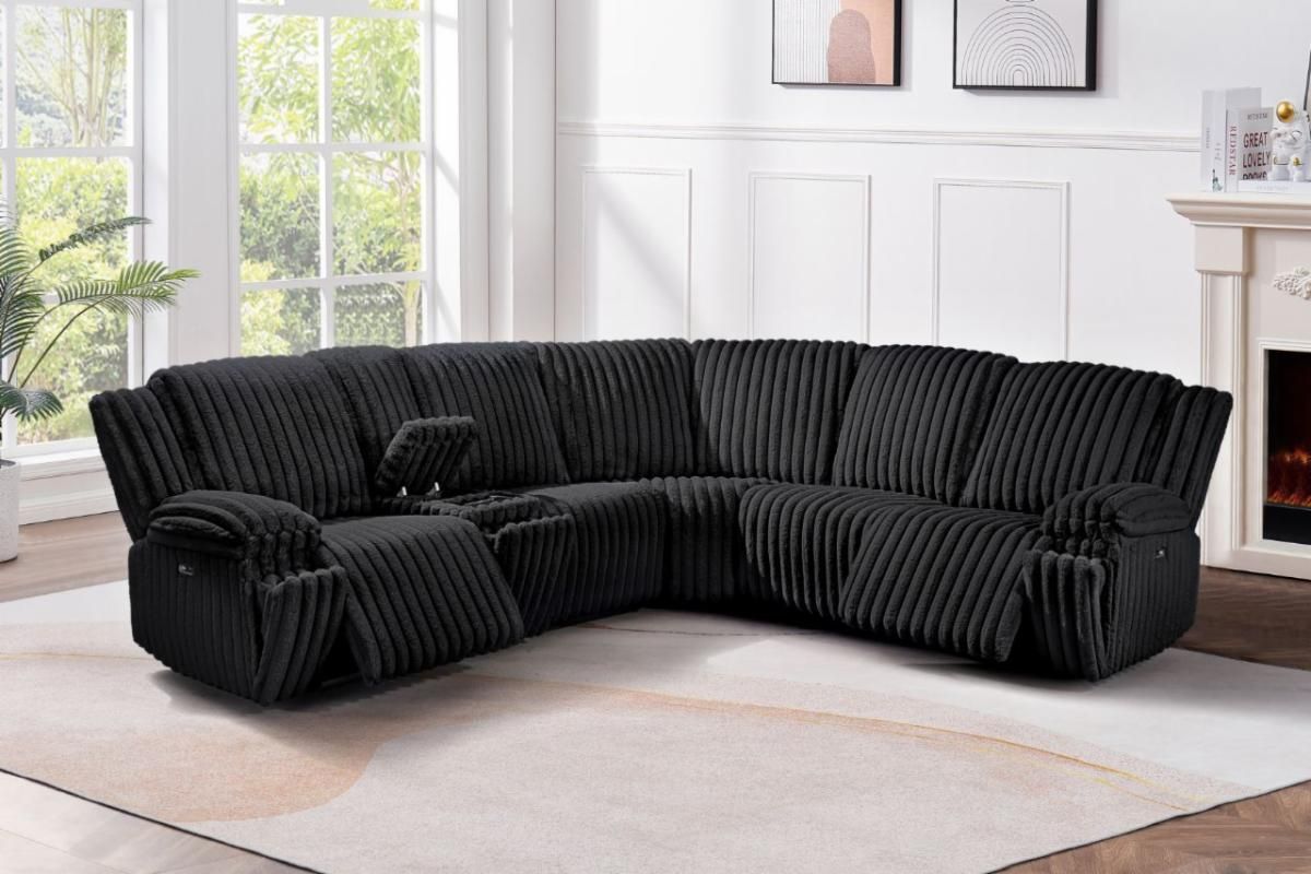 BRAND NEW CORDUROY POWER MOTION SECTIONAL WITH POWER CHARGING CONSOLE AND CUP HOLDER IN BLACK, CREAM AND GRAY COLORS ON SPECIAL RIGHT NOW