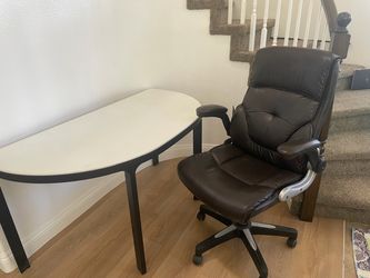 White Desk and Brown Leather Office Chair