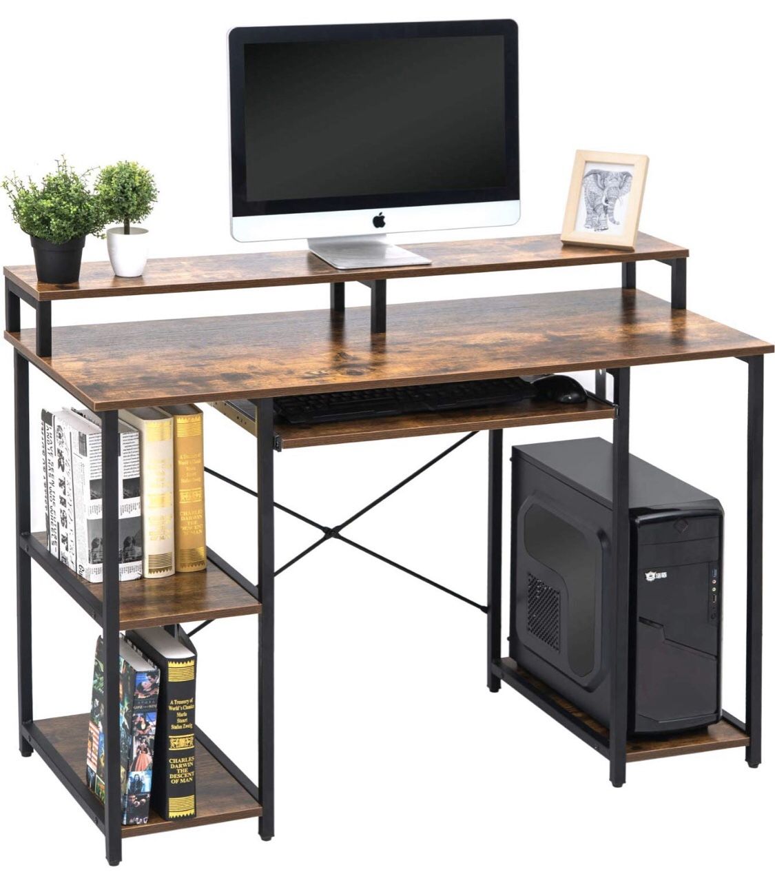 TOPSKY Computer Desk with Storage Shelves/Keyboard Tray/Monitor Stand Study Table for Home Office (Industrial wood color)