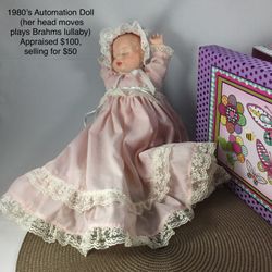 1980’s automation china doll, Plays Brahms Lullaby Doll, Appraised For $100 