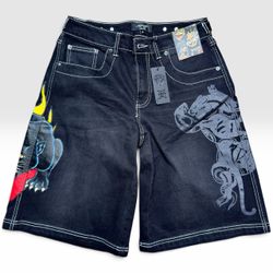 Ed Hardy Panther Heart Baggy Y2K Black Denim Shorts Jorts Women’s Size M