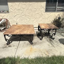 2 marble tables with metal legs 