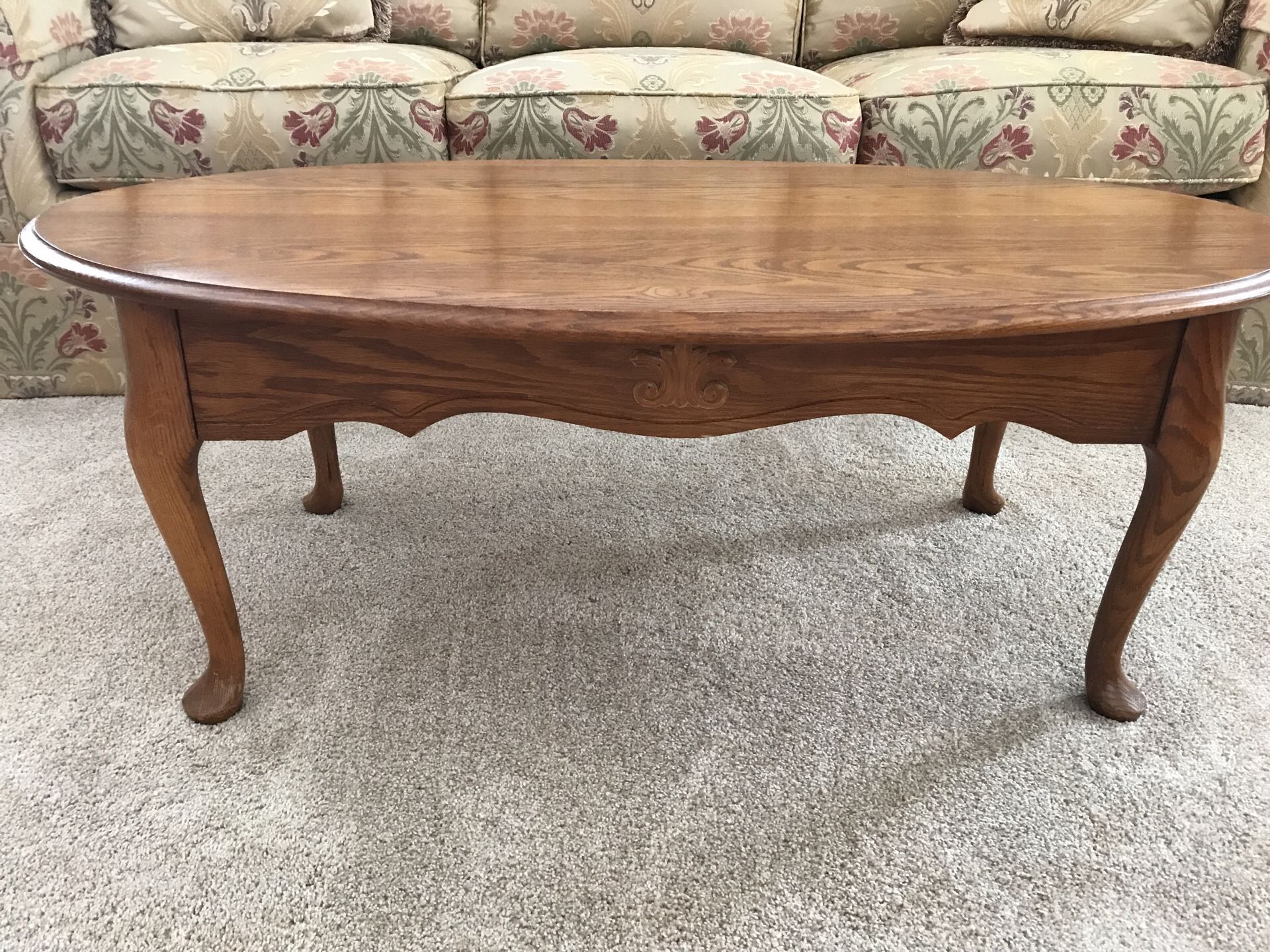 Solid oak Queen Anne style coffee table and 2 end tables with 2 drawers