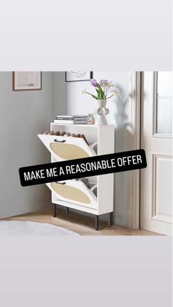 Shoe Storage Cabinet with 2 Flip Drawers, Freestanding Narrow Shoe Rack Organizer for Entryway with Natural Semi-Circular Rattan Doors, Shoe Shelves,