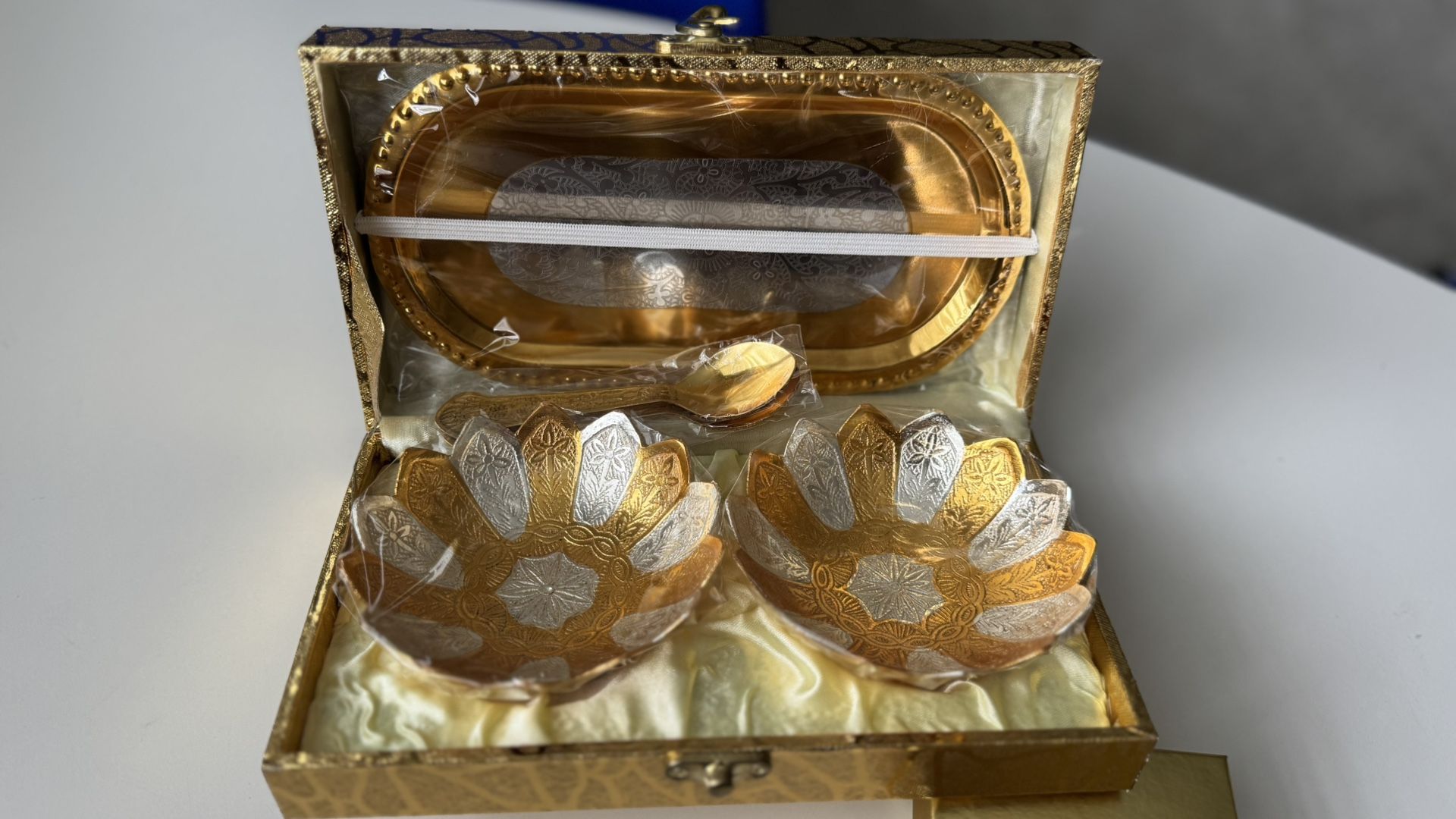 Vintage Gold & Silver Plated Bowl & Spoon Set with Tray - Velvet Gift Box