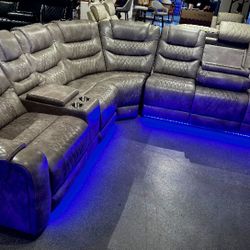 Light Grey Faux Leather LED Power Recliner Sectional Sofa Set with Drop Down