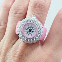 Pink diamond face women's girl's Quartz ring watch Gift