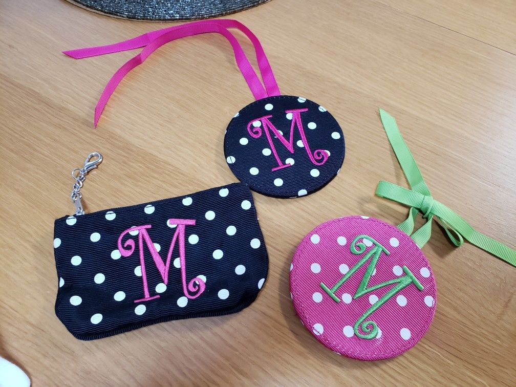 Polka dot monogram luggage tags, coin purse, keychain