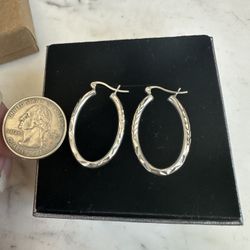 925 Sterling Silver Etched Hoop Earrings - Shiny And Diamond Cut - Very Nice ! Hallmarked In Photos