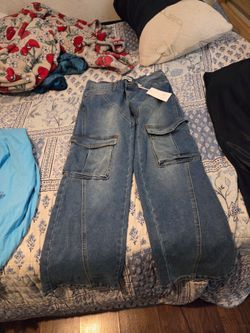 Wide Leg Cargo Denim Jeans with Tags